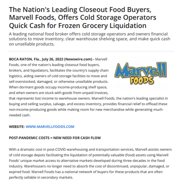 The Nation's Leading Closeout Food Buyers, Marvell Foods, Offers Cold